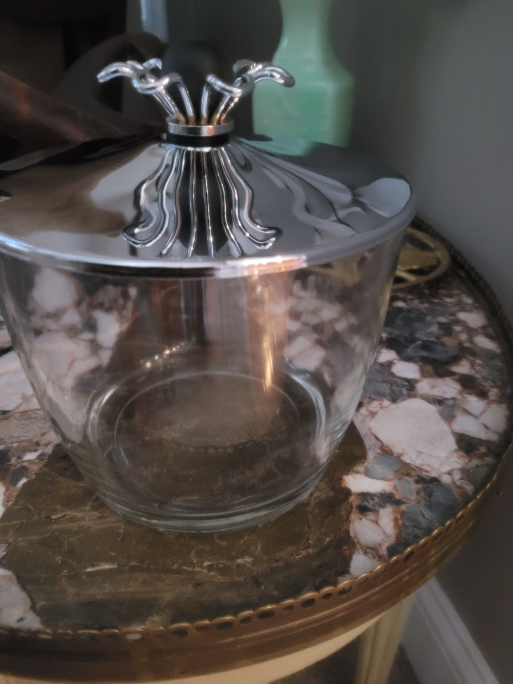 Vintage Mid-Century Chrome & Clear Glass Vanity Jar Dish with Stylized Finial